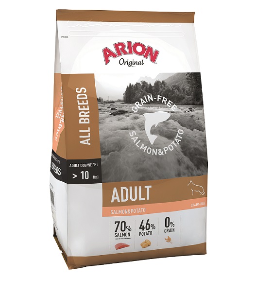 Arion Original Adult Small Breed Grain Free – суха храна със сьомга и картофи за дребни породи, 12 кг