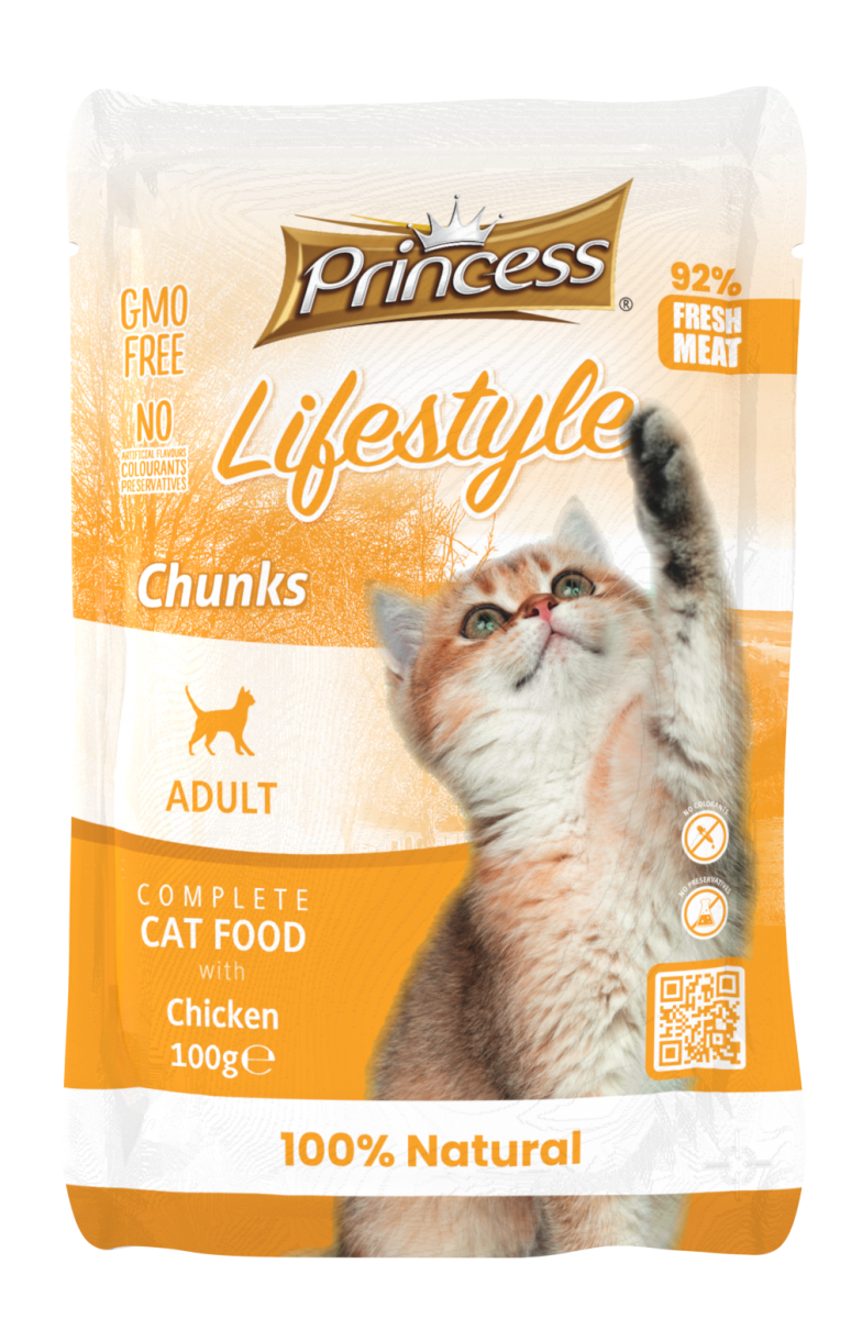Princess Lifestyle Chunks Chicken – мокра храна с пилешко за котки, 100 гр, Oпаковка от 22 бр + 2 бр ПОДАРЪК