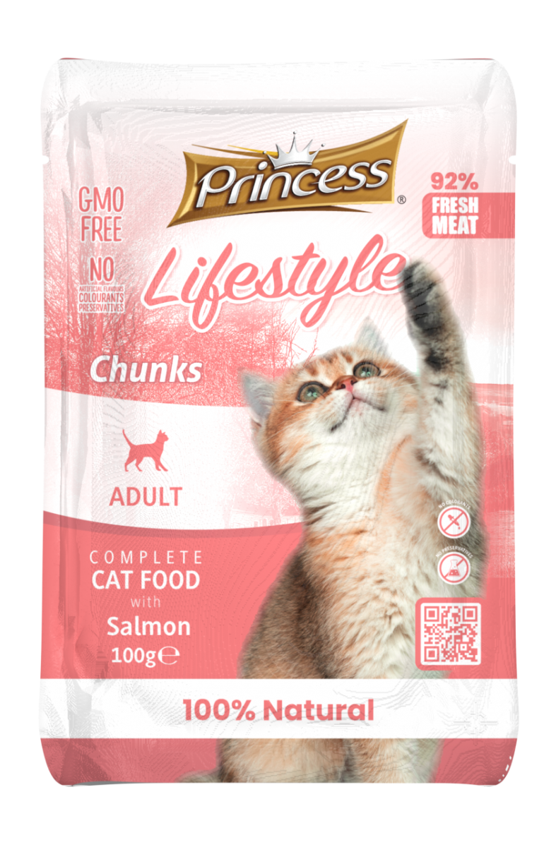 Princess Lifestyle Chunks Salmon – мокра храна с сьомга за котки, 100 гр, Oпаковка от 22 бр + 2 бр ПОДАРЪК