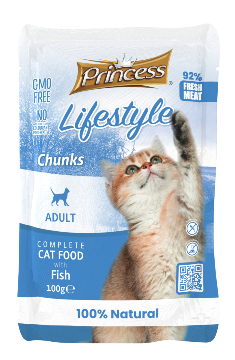 Princess Lifestyle Chunks Fish – мокра храна с риба за котки, 100 гр, Oпаковка от 22 бр + 2 бр ПОДАРЪК