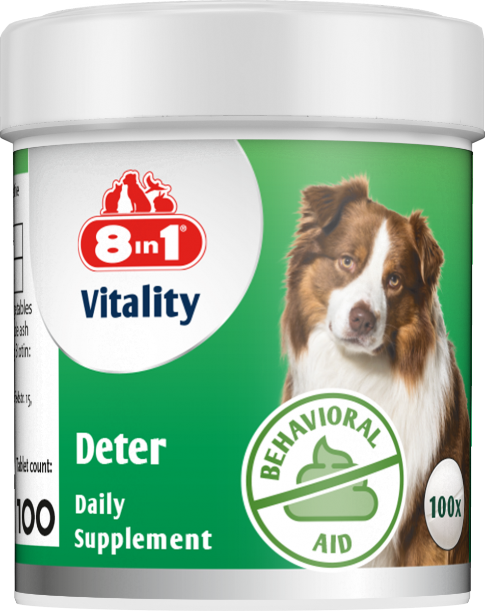 8in1 таблетки Excel Deter Coprophagia, които отбиват кучета и кученца от навика да ядат изпражнения.100 таблетки