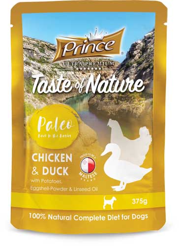 Prince Paleo Chicken & Duck with Potatoes, Eggshell Powder & Linseed Oil – мокра храна с пиле, патица и картофи за кучета, 375 гр, 3+1 ПОДАРЪК