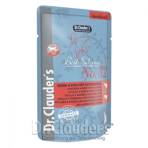 Dr.Clauder's Best Selection Sterilised No.32 – мокра храна с пиле, говеждо и котешка мента за кастрирани котки, 85 гр