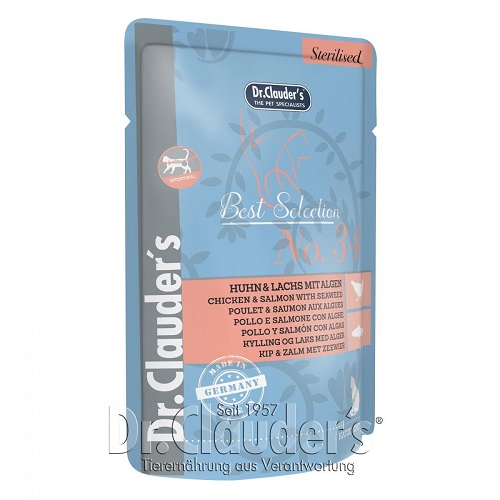 Dr.Clauder's Best Selection Sterilised No.34 – мокра храна с пиле, сьомга и водорасли за кастрирани котки, 85 гр